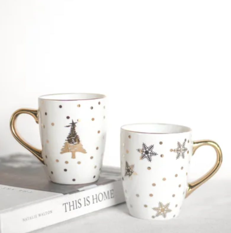 Gold Christmas Mugs. Feathered Farmhouse