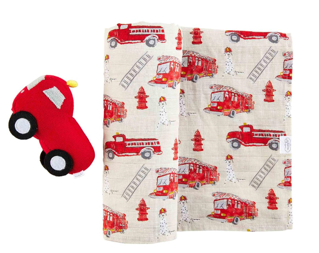 Fire Truck Swaddle + Rattle Set, The Feathered Farmhouse