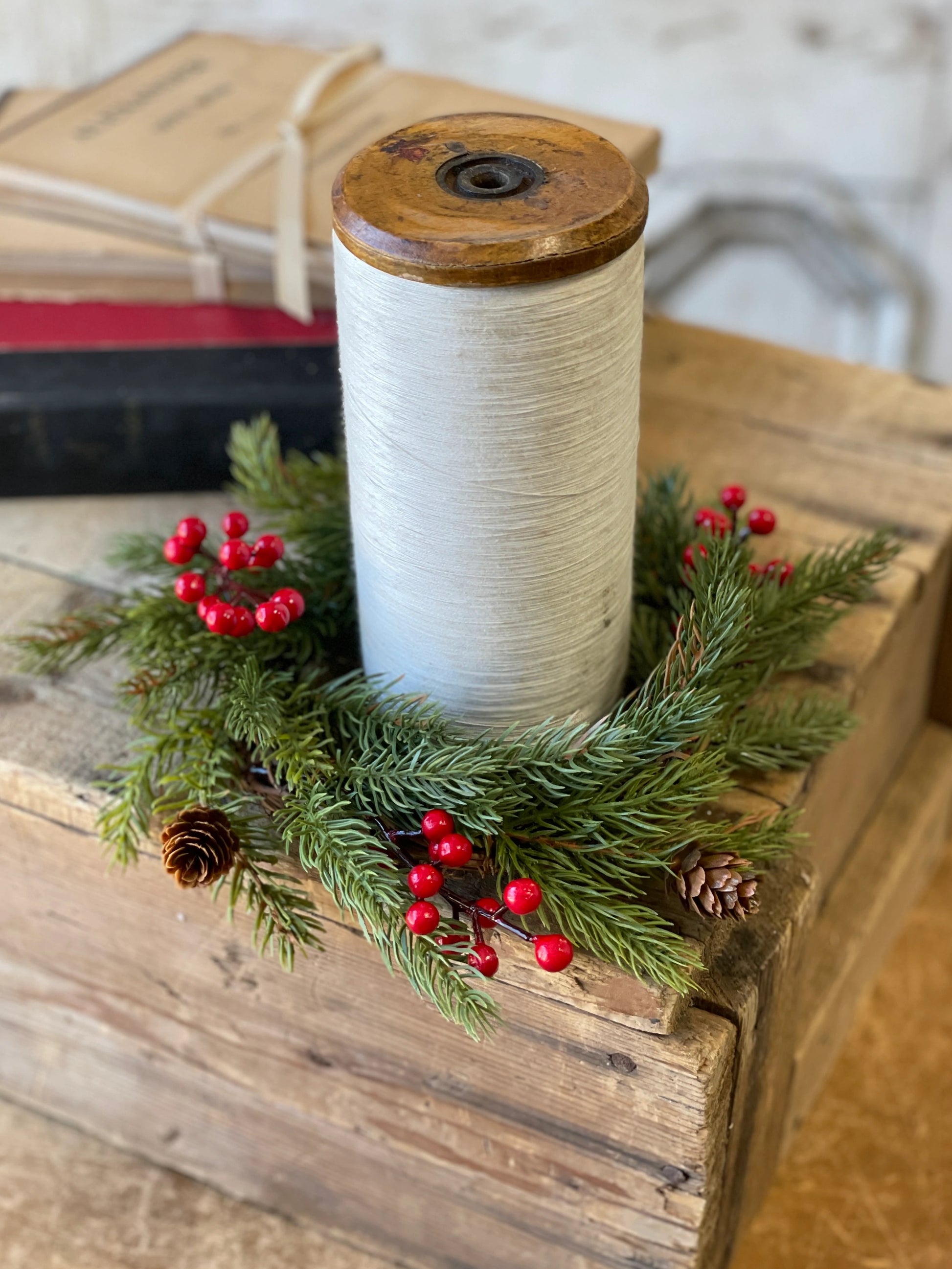 White Spruce + Berries Candle Ring, Feathered Farmhouse