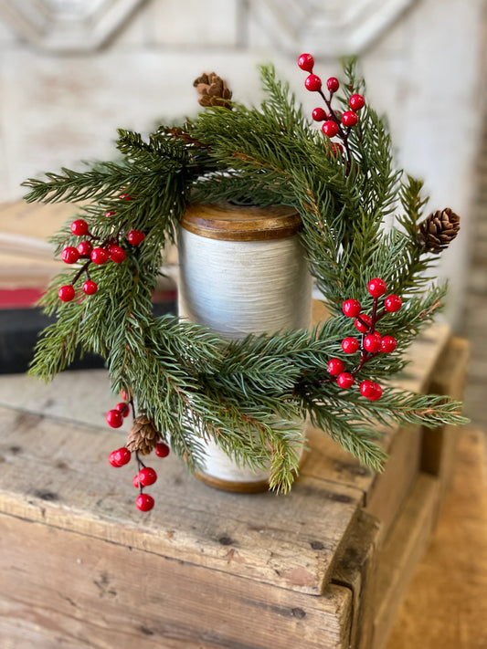 White Spruce + Berries Candle Ring, Feathered Farmhouse