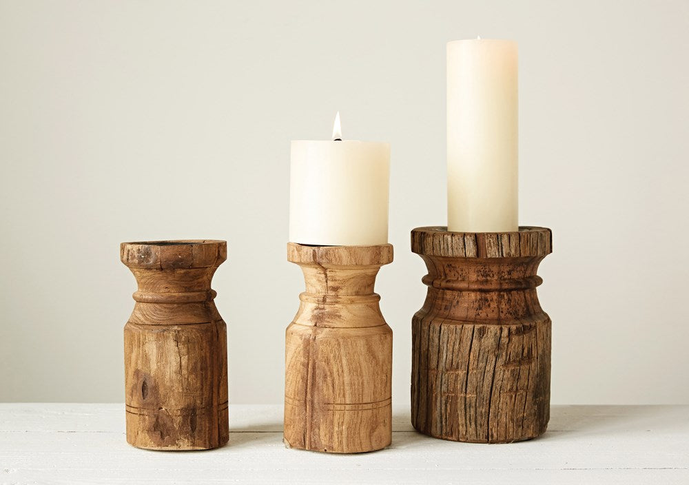 Wood Carved Pillar Candle Holder