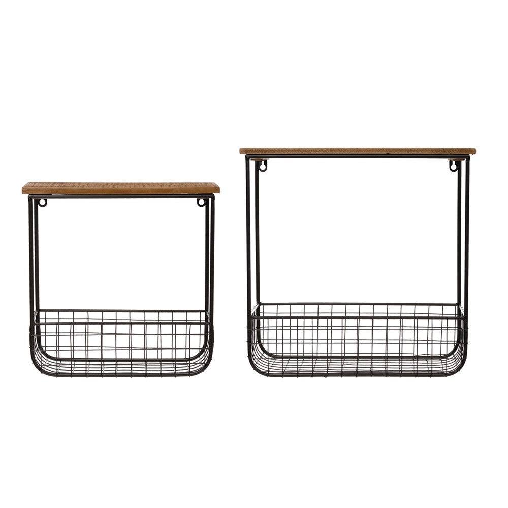 Wood Wall Shelves with Metal Baskets